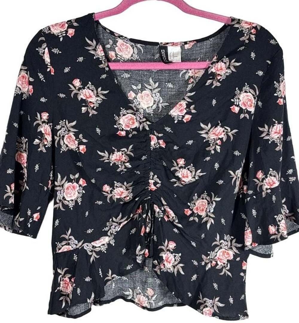 Divided H&M Black Floral Print Ruched Front Short Sleeve Peplum Blouse Size 10